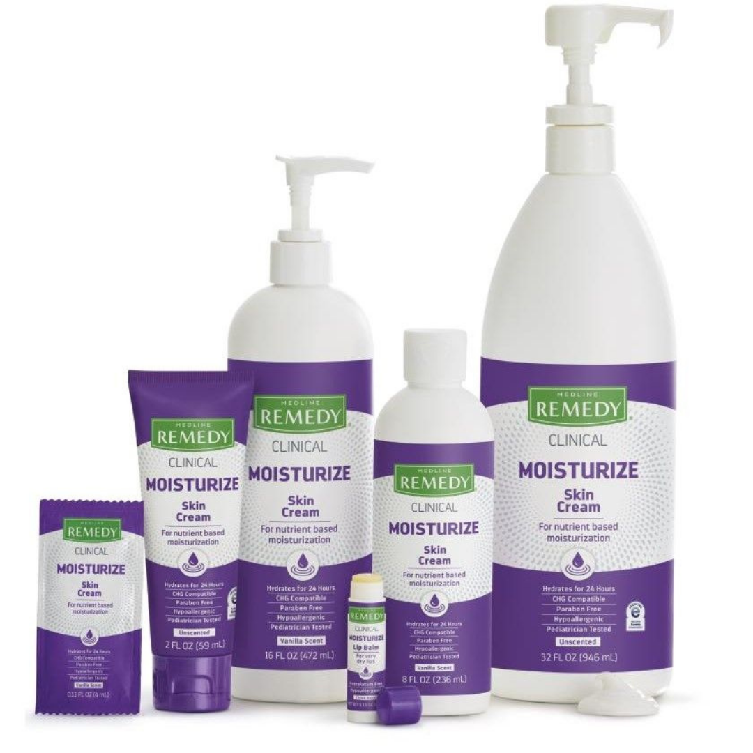 Five Remedy Clinical skincare products—including tubes, bottles, a pump bottle, and lip balm—feature white and purple packaging. Medline Remedy Clinical Skin Cream - Full Body Lotion delivers long-lasting hydration with a petrochemical-free formula.